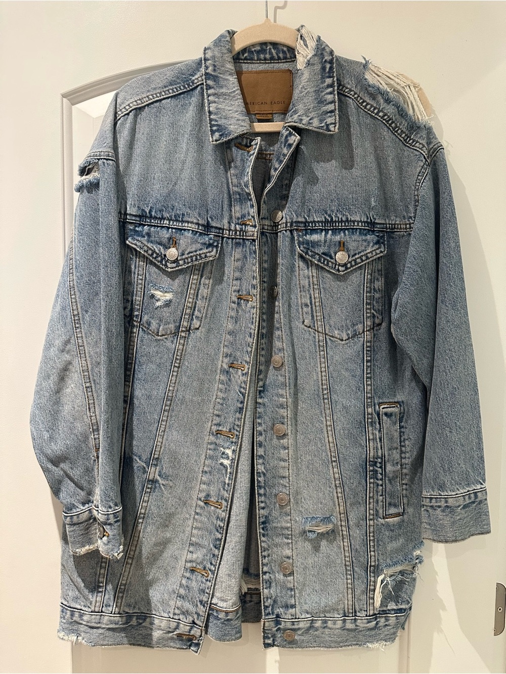 American Eagle Outfitters Light Blue Distressed Denim Jacket